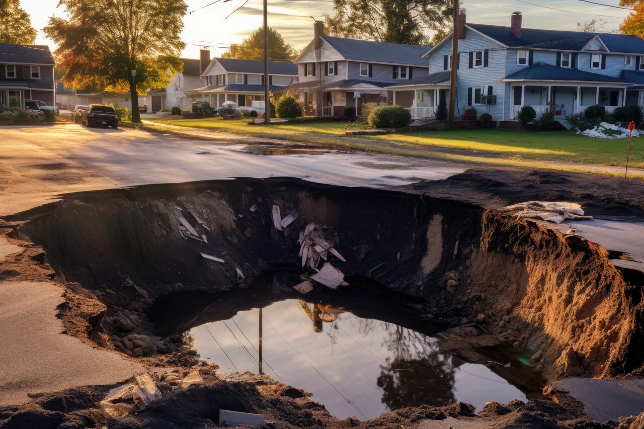 sinkhole aftermath in a residential neighborhood