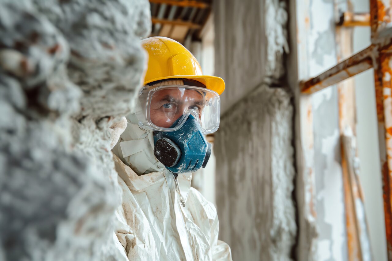 Construction worker wearing a protective suit and mask, ensuring safety and protection on a construction site