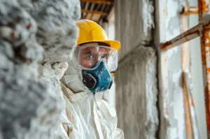 Construction worker wearing a protective suit and mask, ensuring safety and protection on a construction site