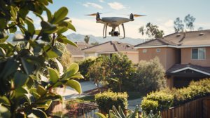 Aerial drone flying over suburban neighborhood capturing a sunny afternoon view of homes and gardens