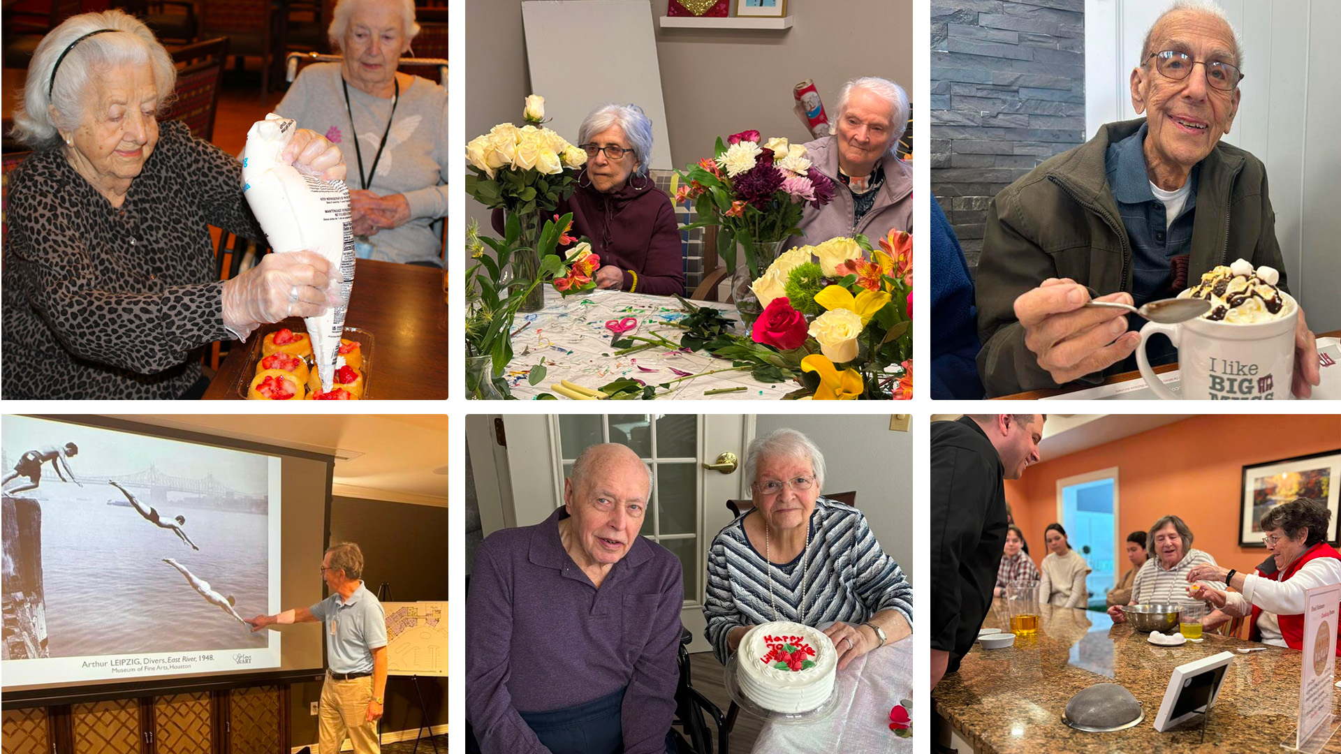 Collage of heartwarming activities from senior communities sharing love